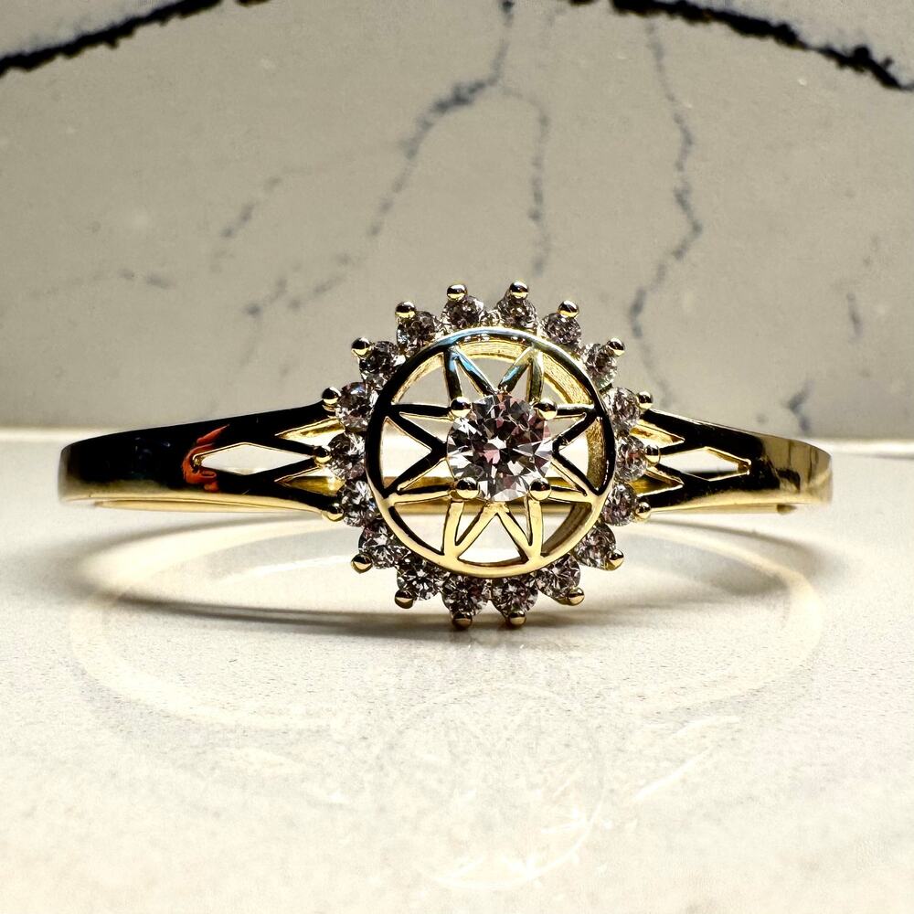 Xuping Gold Tone CZ Starburst Hinged Bangle Bracelet